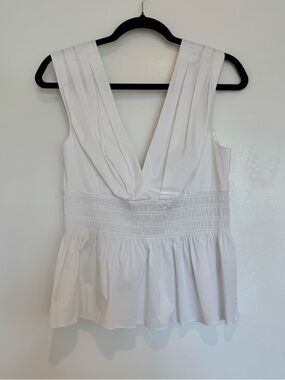 Veronica Beard White V-Neck Smocked Waist Peplum Top
